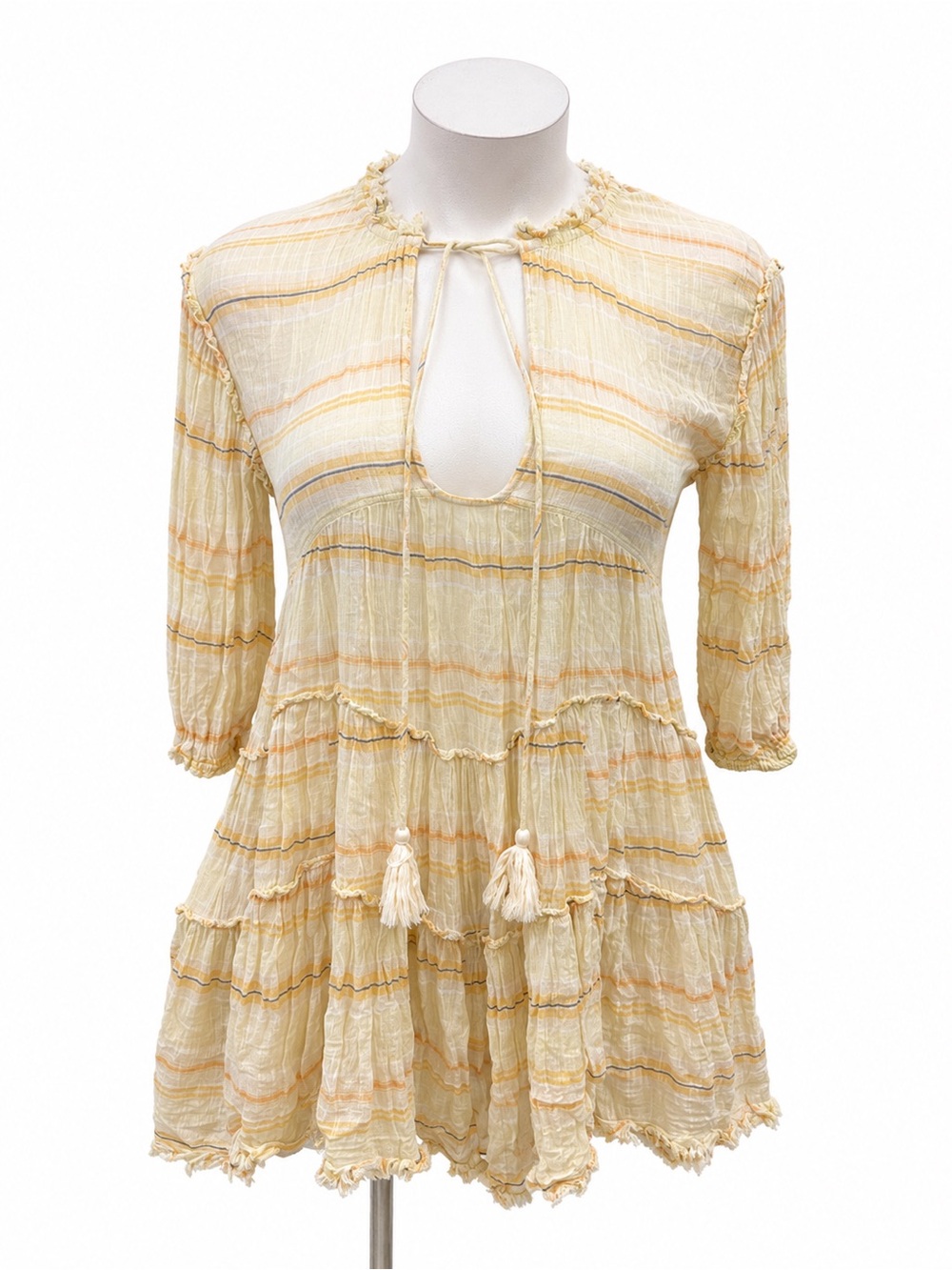 Free People Yellow Striped Gauze Tunic with Tassel Trim